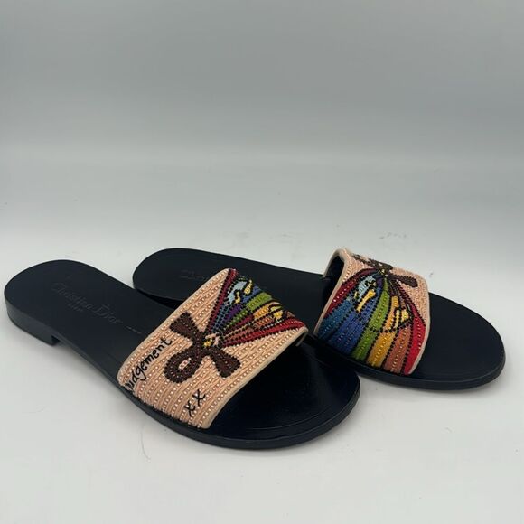 CHRISTIAN DIOR Multicolor Beaded Tarot Card Slide Sandals Size 37.5/ US 7.5 - Picture 5 of 11